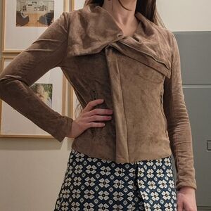 BlankNYC Brown Vegan Suede Moto Jacket Asymmetrical Zip Draped Collar